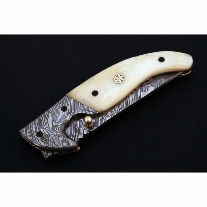 Handmade Damascus Folding Knife with Bone Handle – Compact EDC Pocket Knife with Leather Sheath