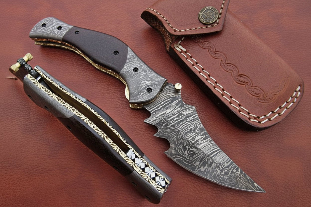 Handmade Damascus Folding Knife with Dark Wood Handle & Spine Jimping – Custom EDC Pocket Knife by JW SteelCrafts