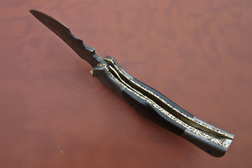 Handmade Damascus Folding Knife with Dark Wood Handle & Spine Jimping – Custom EDC Pocket Knife by JW SteelCrafts