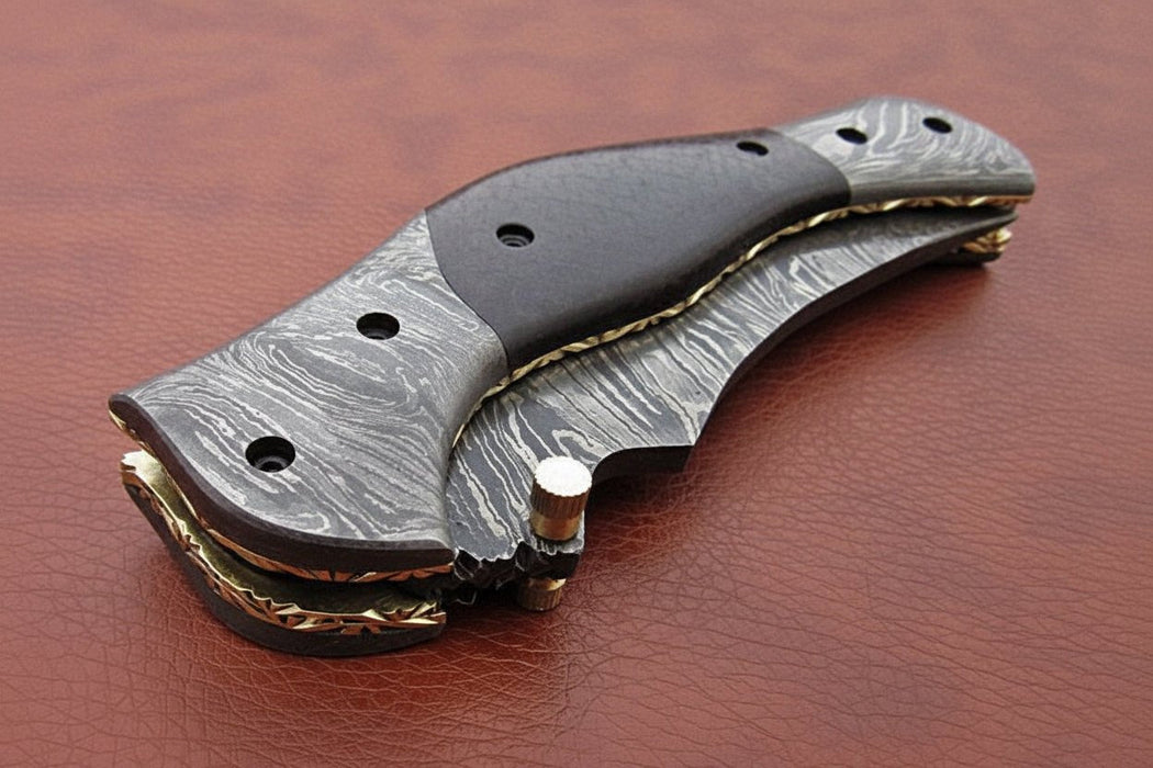 Handmade Damascus Folding Knife with Dark Wood Handle & Spine Jimping – Custom EDC Pocket Knife by JW SteelCrafts