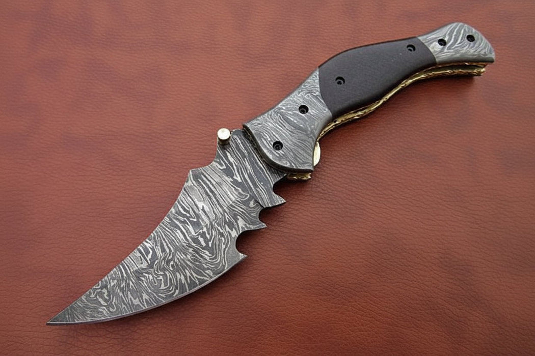 Handmade Damascus Folding Knife with Dark Wood Handle & Spine Jimping – Custom EDC Pocket Knife by JW SteelCrafts