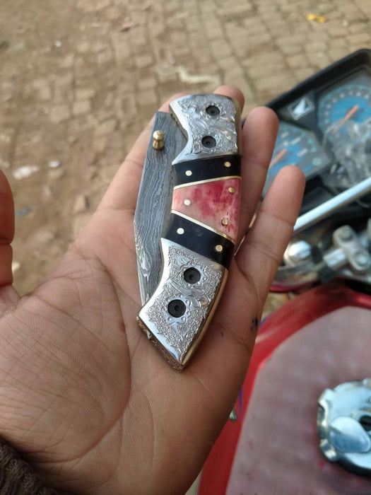 Handmade Damascus Folding Knife with Engraved Bolster, Black Resin and Colored Bone Handle – Custom EDC Pocket Knife by JW SteelCrafts