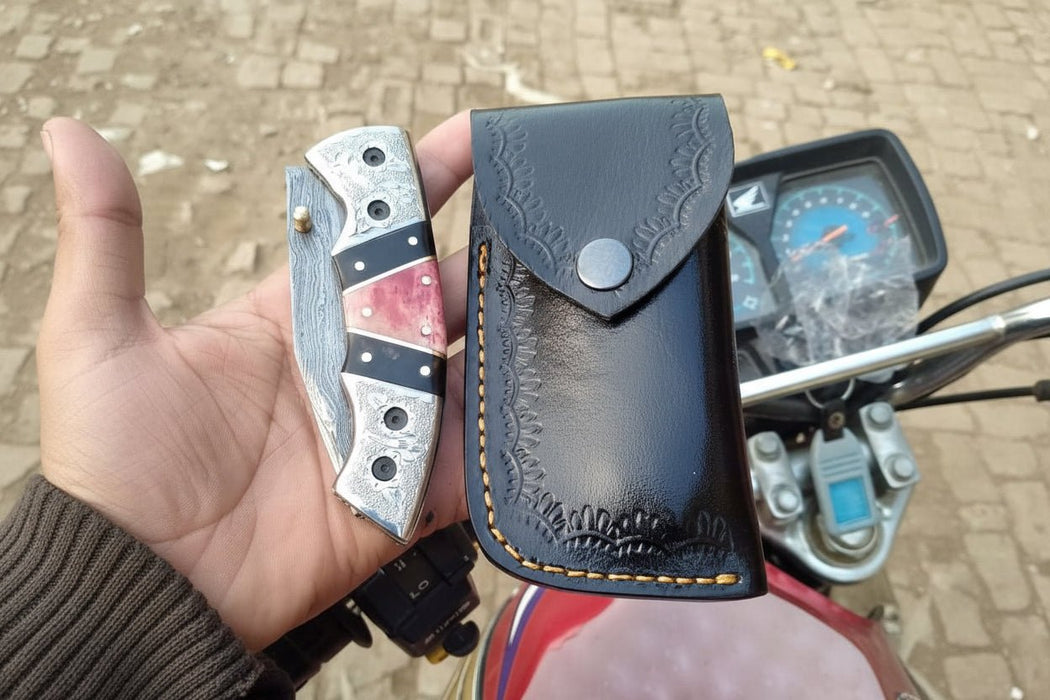 Handmade Damascus Folding Knife with Engraved Bolster, Black Resin and Colored Bone Handle – Custom EDC Pocket Knife by JW SteelCrafts