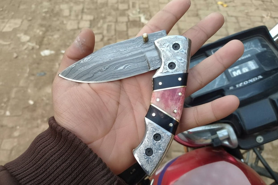 Handmade Damascus Folding Knife with Engraved Bolster, Black Resin and Colored Bone Handle – Custom EDC Pocket Knife by JW SteelCrafts