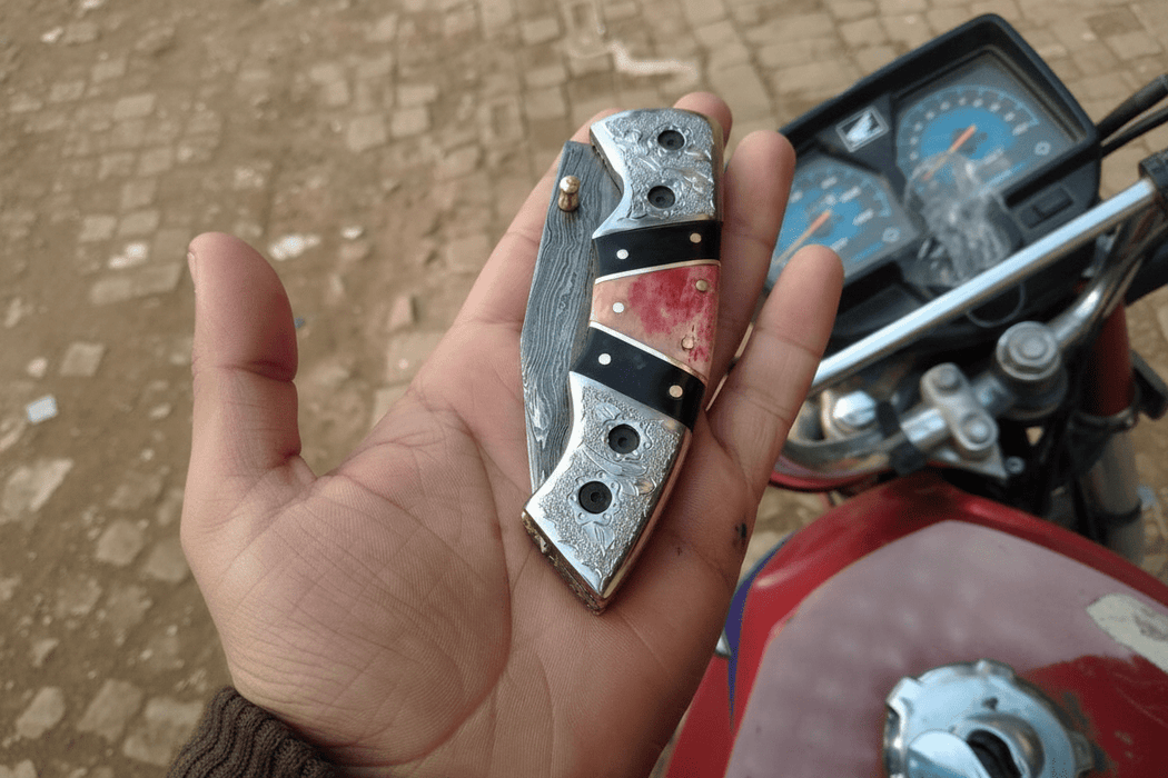 Handmade Damascus Folding Knife with Engraved Bolster, Black Resin and Colored Bone Handle – Custom EDC Pocket Knife by JW SteelCrafts