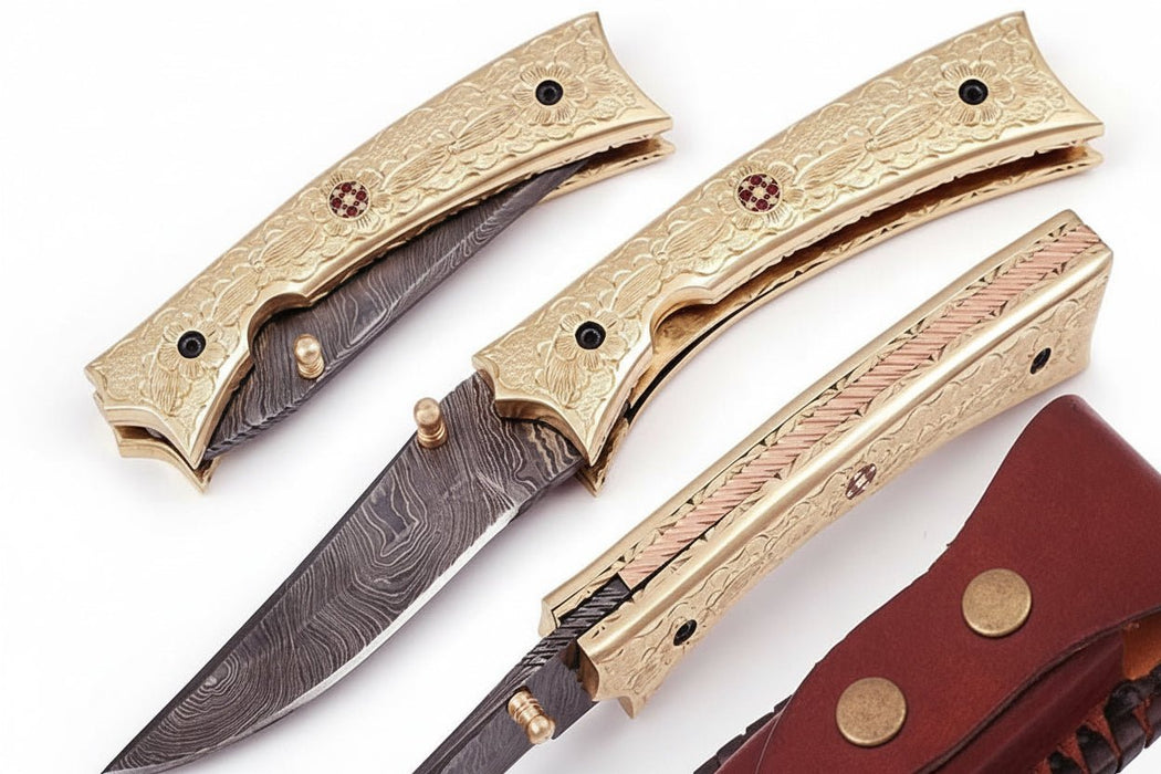 Handmade Damascus Folding Knife with Engraved Brass Handle & Precision Lock | JW SteelCrafts