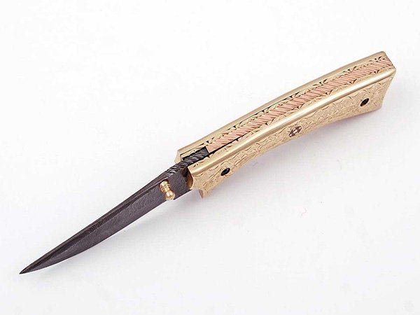 Handmade Damascus Folding Knife with Engraved Brass Handle & Precision Lock | JW SteelCrafts