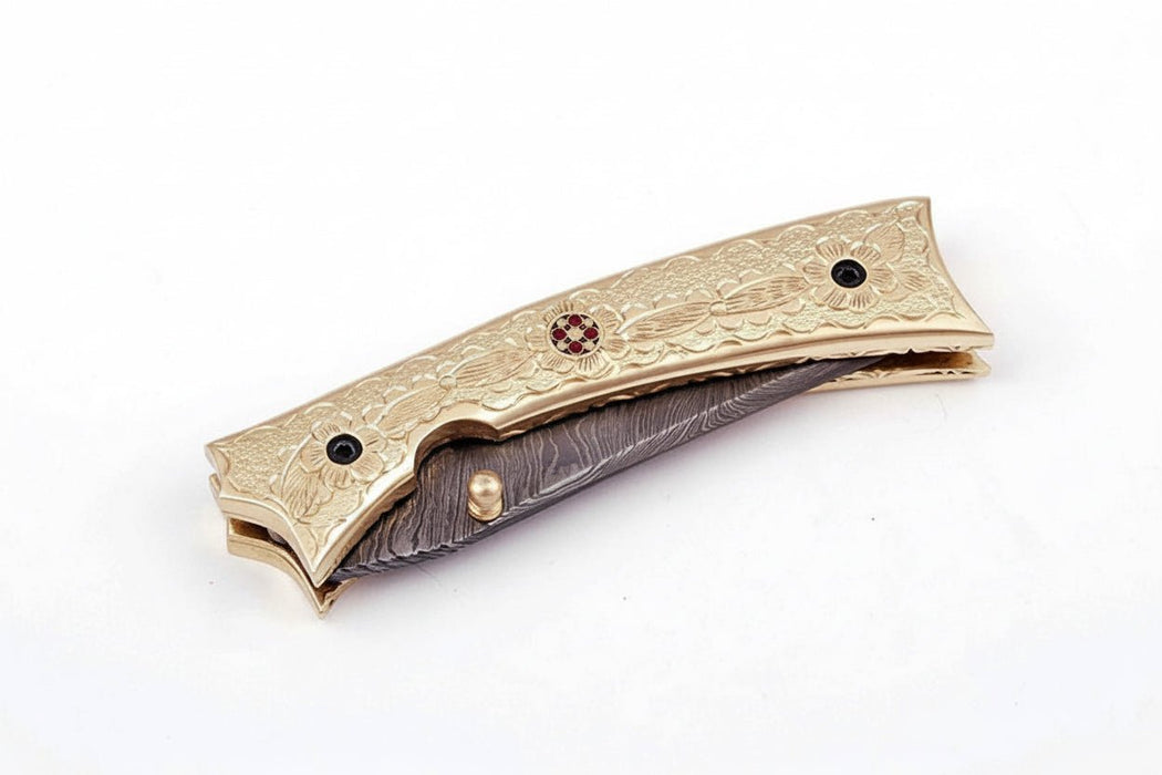 Handmade Damascus Folding Knife with Engraved Brass Handle & Precision Lock | JW SteelCrafts