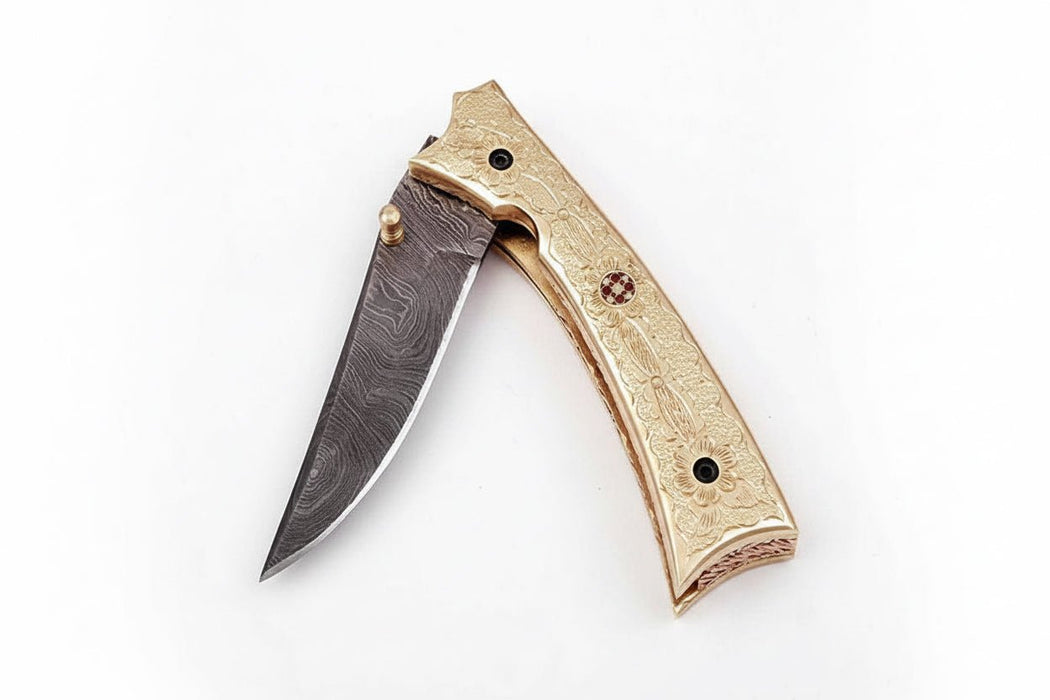 Handmade Damascus Folding Knife with Engraved Brass Handle & Precision Lock | JW SteelCrafts