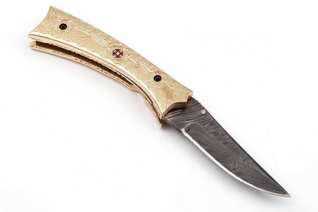 Handmade Damascus Folding Knife with Engraved Brass Handle & Precision Lock | JW SteelCrafts