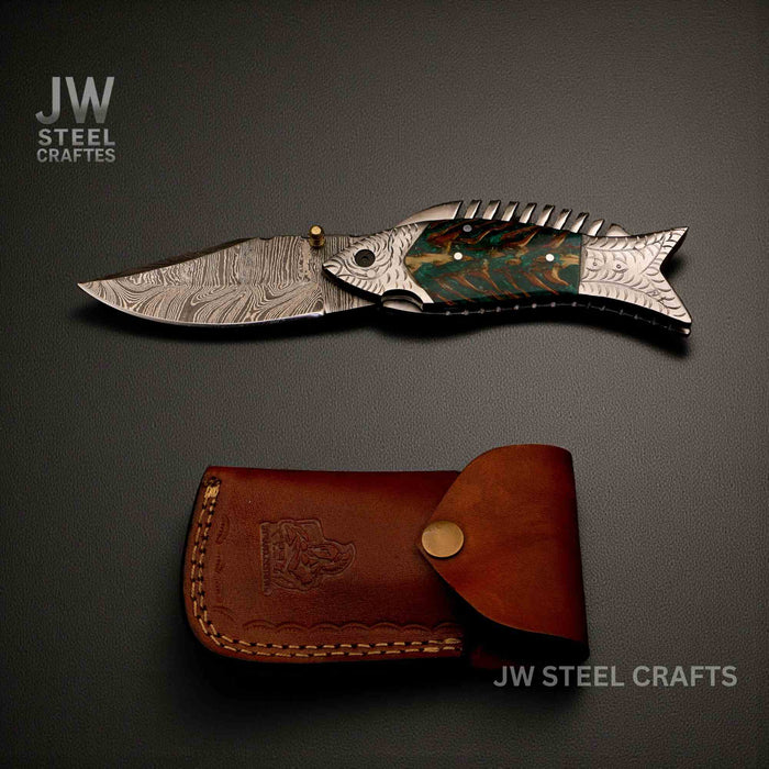 Handmade Damascus Folding Knife with Green Pinecone Resin Handle