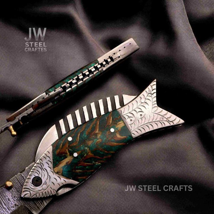Handmade Damascus Folding Knife with Green Pinecone Resin Handle