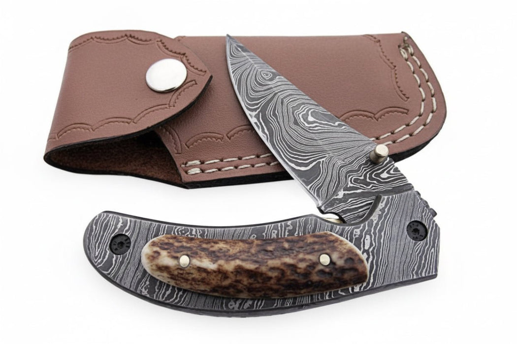 Handmade Damascus Folding Knife with Stag Horn Handle - Everyday Carry Knife by JW SteelCrafts