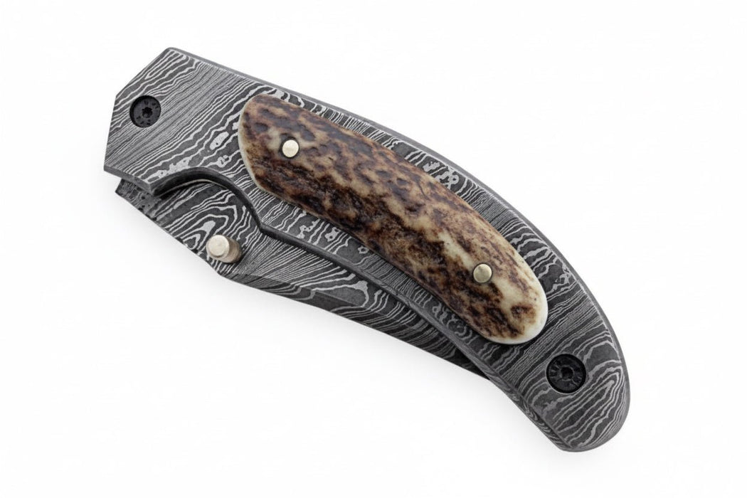 Handmade Damascus Folding Knife with Stag Horn Handle - Everyday Carry Knife by JW SteelCrafts