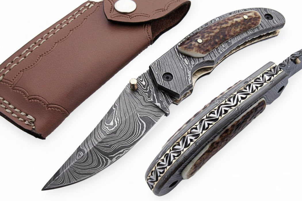 Handmade Damascus Folding Knife with Stag Horn Handle - Everyday Carry Knife by JW SteelCrafts