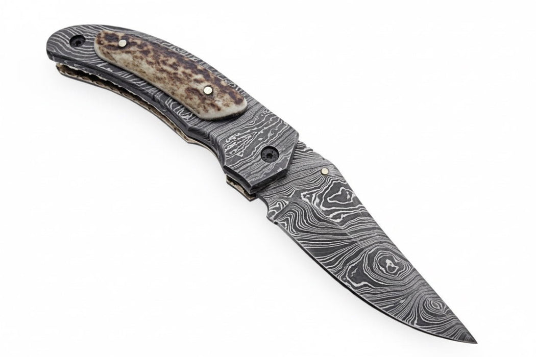 Handmade Damascus Folding Knife with Stag Horn Handle - Everyday Carry Knife by JW SteelCrafts