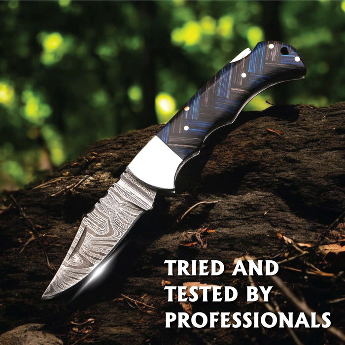 Handmade Damascus Folding Knife with Pakka Wood and File Work Spine