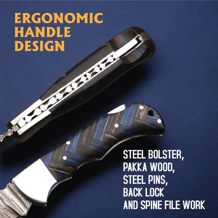 Handmade Damascus Folding Knife with Pakka Wood and File Work Spine
