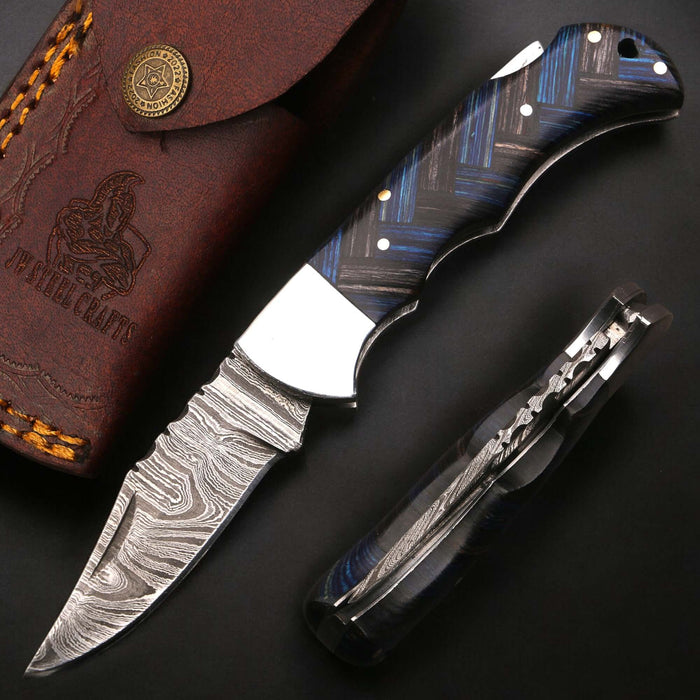 Handmade Damascus Folding Knife with Pakka Wood and File Work Spine