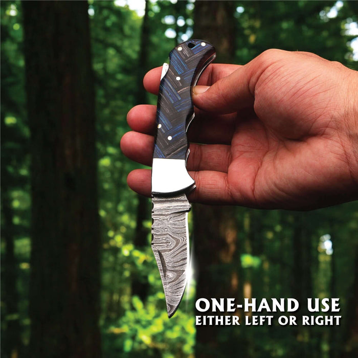 Handmade Damascus Folding Knife with Pakka Wood and File Work Spine