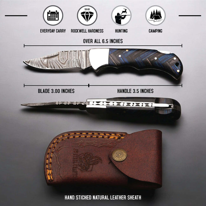 Handmade Damascus Folding Knife with Pakka Wood and File Work Spine