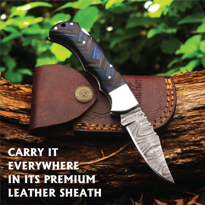 Handmade Damascus Folding Knife with Pakka Wood and File Work Spine