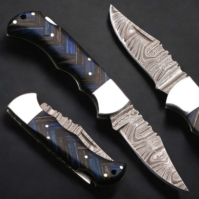 Handmade Damascus Folding Knife with Pakka Wood and File Work Spine