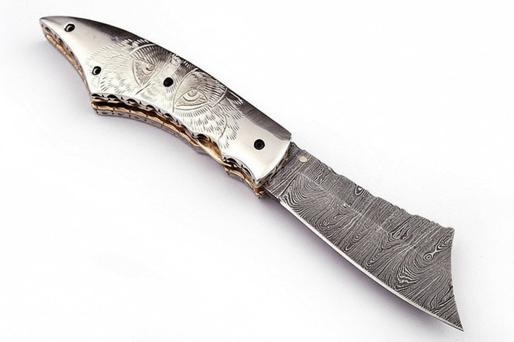 Handmade Damascus Folding Knife with Wolf Engraved Bone Handle & Leather Sheath
