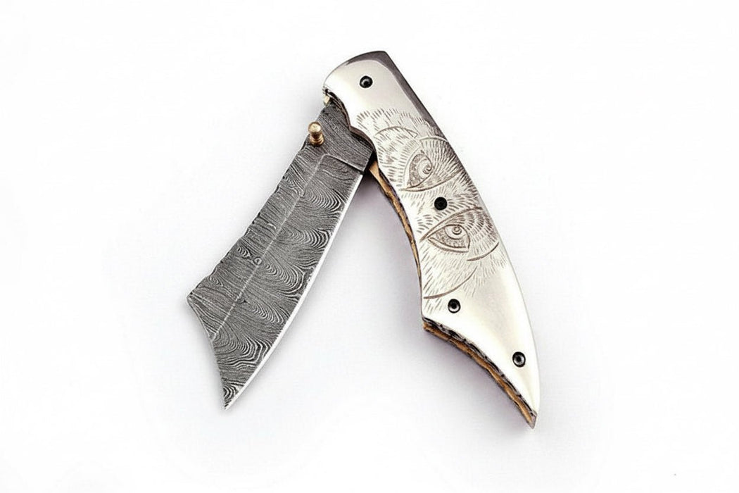 Handmade Damascus Folding Knife with Wolf Engraved Bone Handle & Leather Sheath