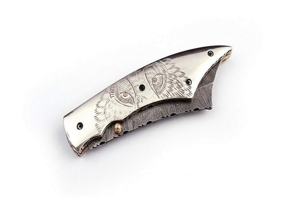 Handmade Damascus Folding Knife with Wolf Engraved Bone Handle & Leather Sheath