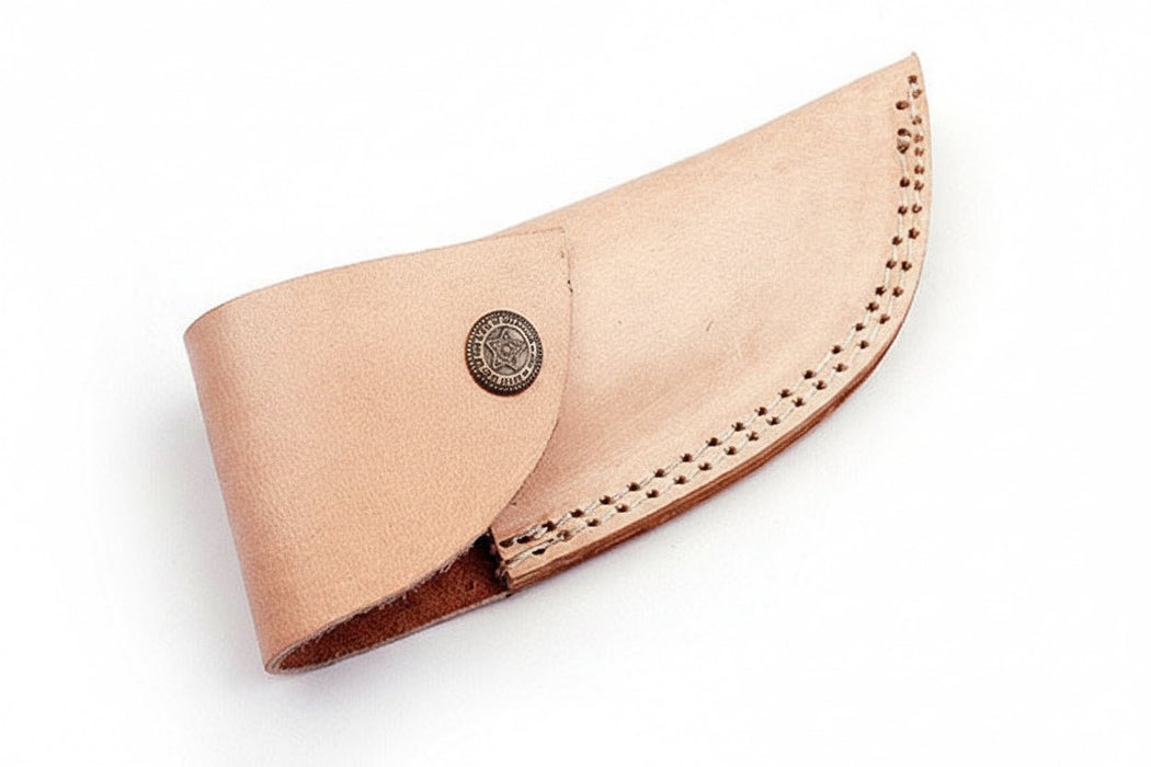 Handmade Damascus Folding Knife with Wolf Engraved Bone Handle & Leather Sheath