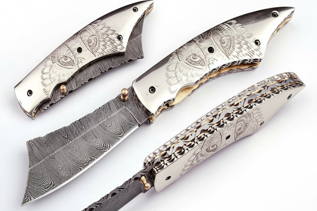 Handmade Damascus Folding Knife with Wolf Engraved Bone Handle & Leather Sheath