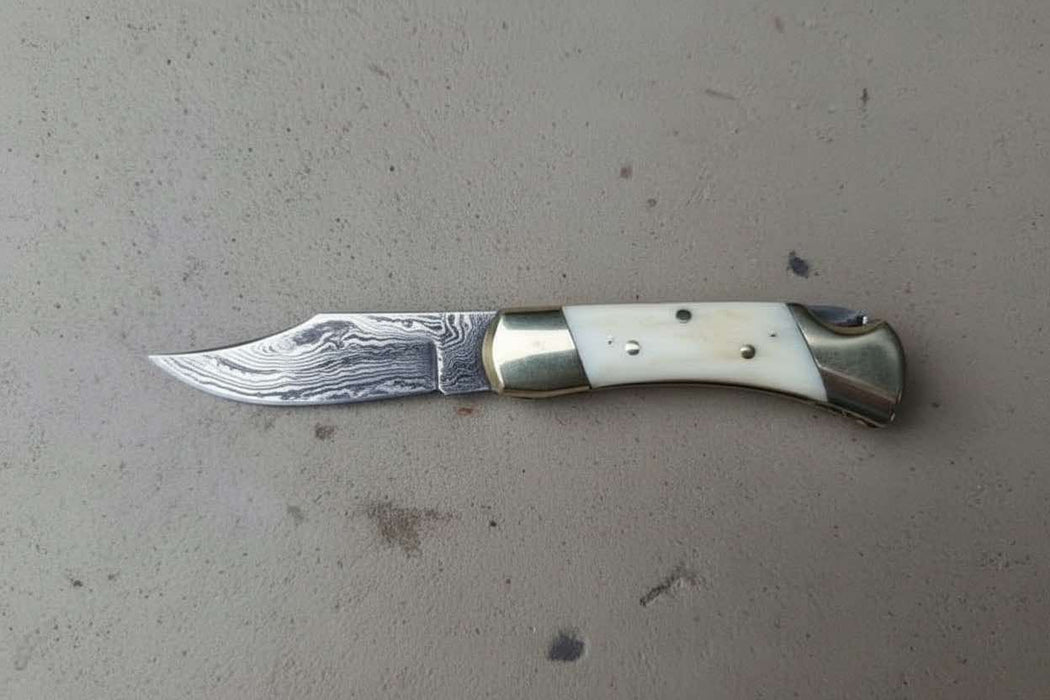 Handmade Damascus Folding Pocket Knife – Bone Handle with Brass Bolsters