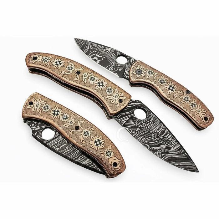 Handmade Damascus Folding Pocket Knife with Floral Engraved Handle – Compact EDC Knife by JW SteelCrafts