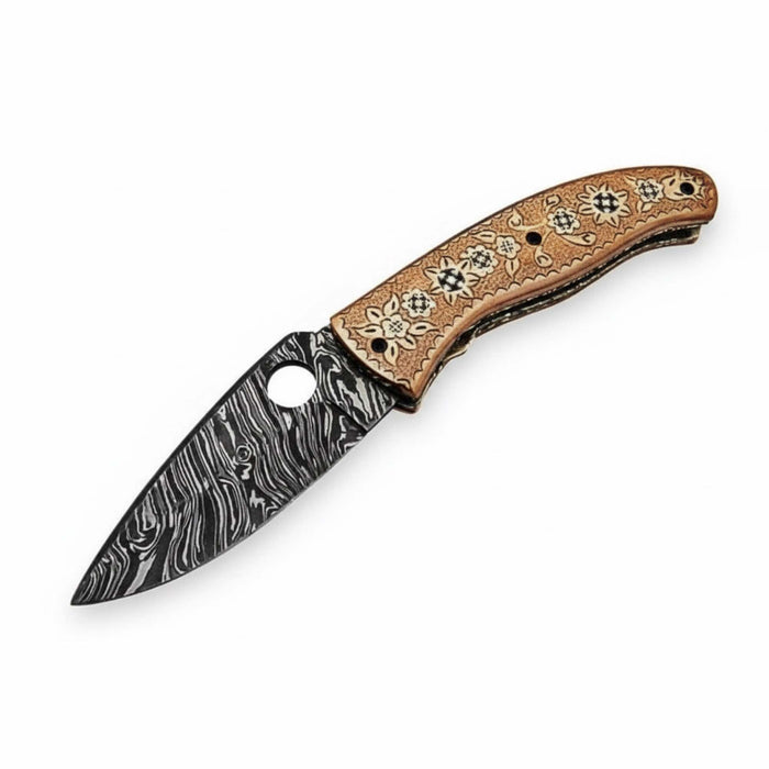 Handmade Damascus Folding Pocket Knife with Floral Engraved Handle – Compact EDC Knife by JW SteelCrafts