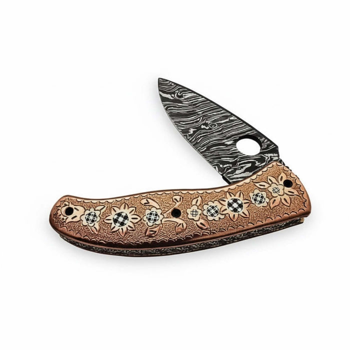 Handmade Damascus Folding Pocket Knife with Floral Engraved Handle – Compact EDC Knife by JW SteelCrafts