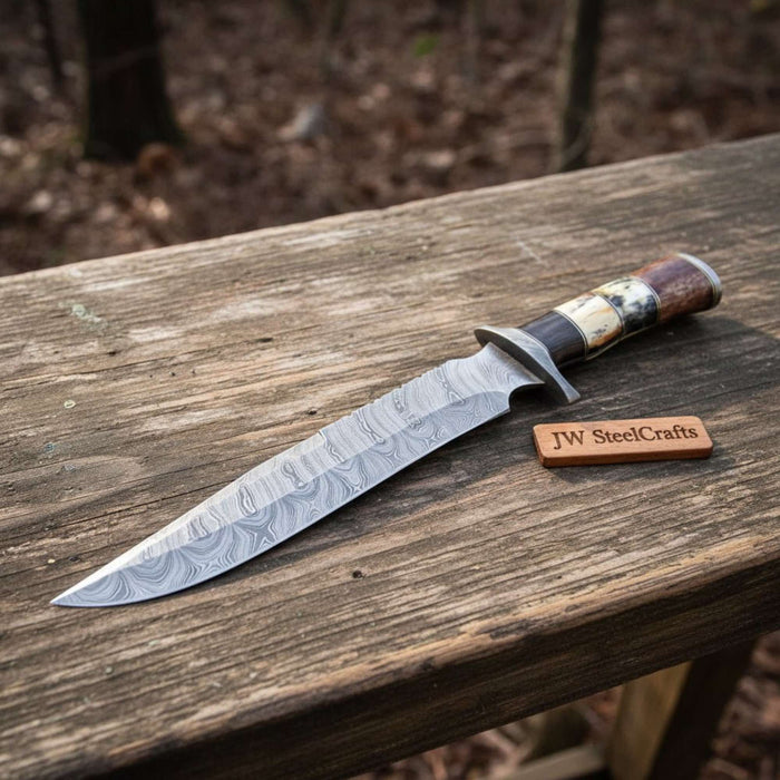 Handcrafted Frontier Clip Point Bowie Knife in Forged Damascus Steel