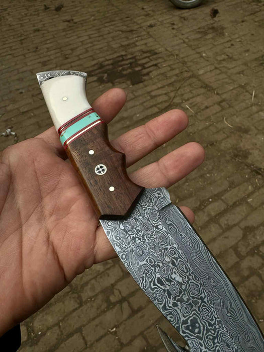 Damascus Gut Hook Hunting Knife — Bone, Turquoise Resin & Rosewood Handle, Damascus Bolster & Leather Belt Sheath