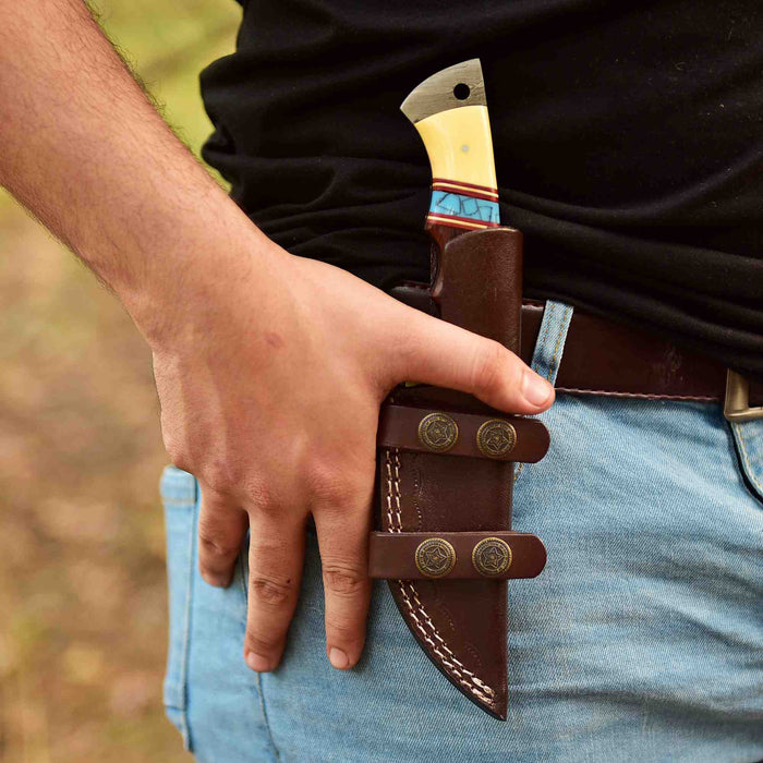 Damascus Gut Hook Hunting Knife — Bone, Turquoise Resin & Rosewood Handle, Damascus Bolster & Leather Belt Sheath