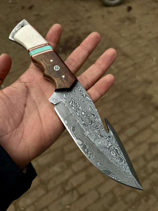 Damascus Gut Hook Hunting Knife — Bone, Turquoise Resin & Rosewood Handle, Damascus Bolster & Leather Belt Sheath