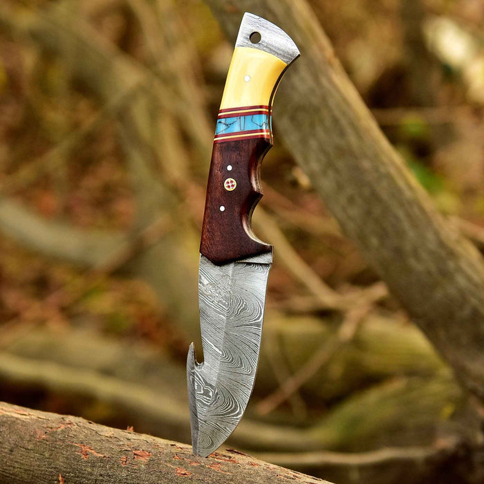Damascus Gut Hook Hunting Knife — Bone, Turquoise Resin & Rosewood Handle, Damascus Bolster & Leather Belt Sheath