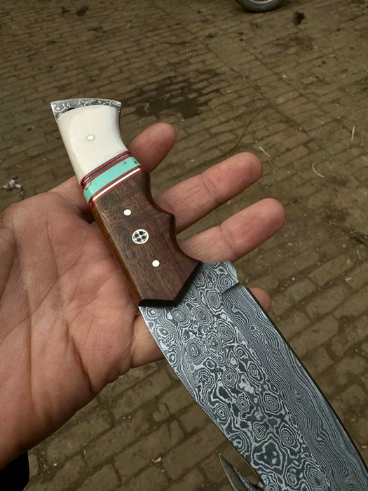 Damascus Gut Hook Hunting Knife — Bone, Turquoise Resin & Rosewood Handle, Damascus Bolster & Leather Belt Sheath