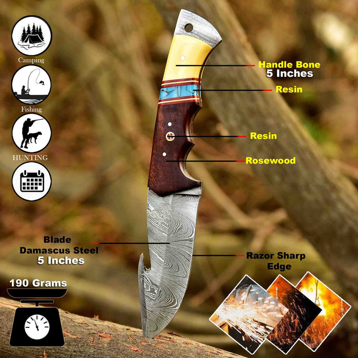 Damascus Gut Hook Hunting Knife — Bone, Turquoise Resin & Rosewood Handle, Damascus Bolster & Leather Belt Sheath