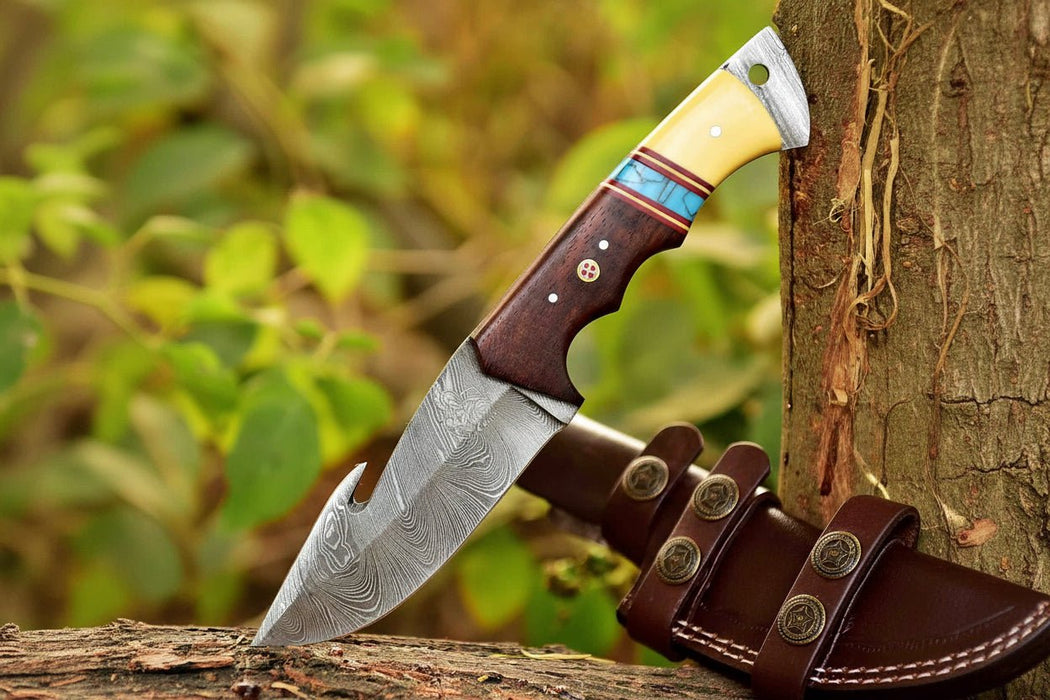 Damascus Gut Hook Hunting Knife — Bone, Turquoise Resin & Rosewood Handle, Damascus Bolster & Leather Belt Sheath
