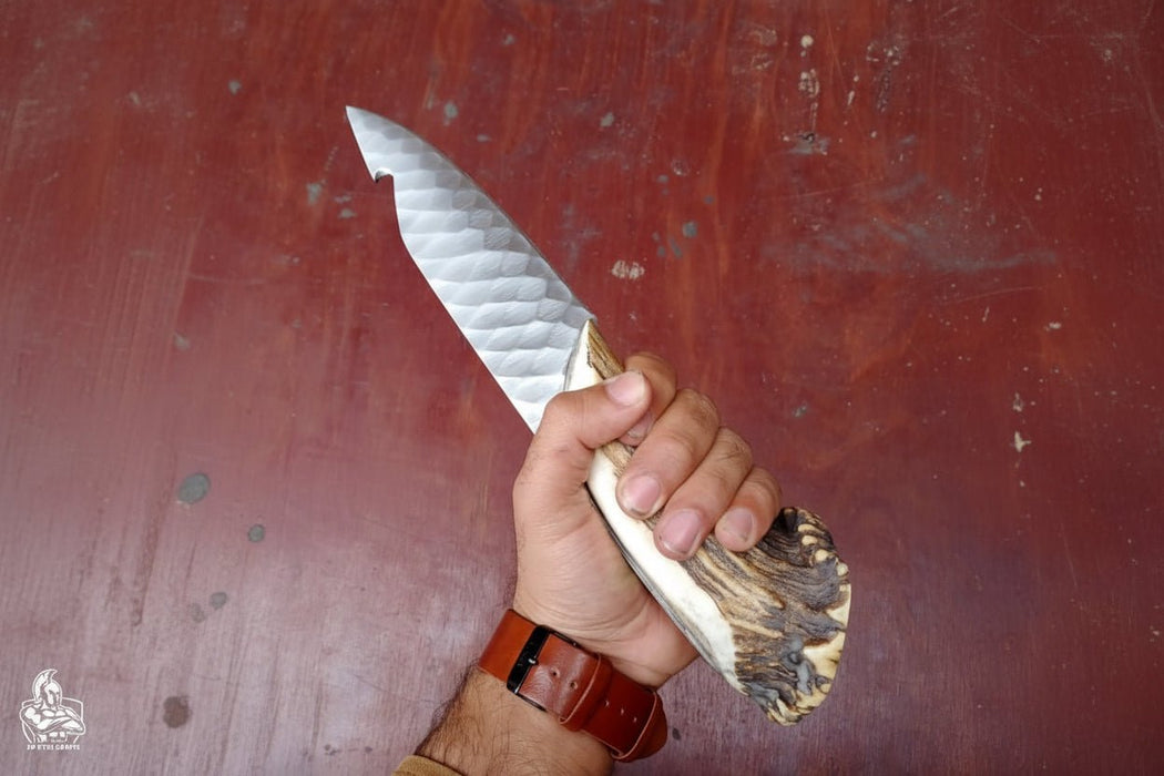 Handmade Damascus Gut Hook Skinner Knife With Deer Horn Handle