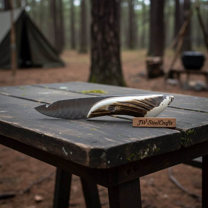 Handmade Damascus Gut Hook Skinner Knife With Deer Horn Handle