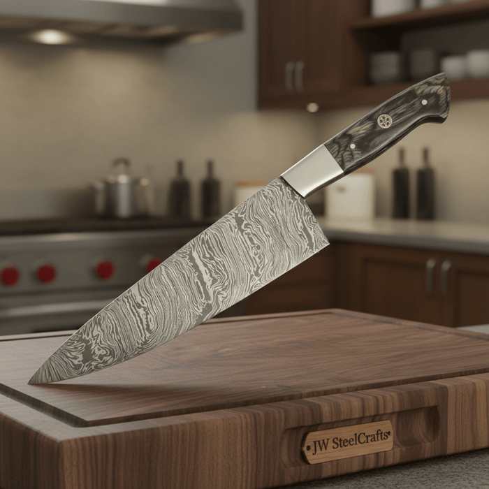 Full Tang Japanese Design Gyuto Knife – Handmade Damascus Chef Knife with Grey Wood Handle