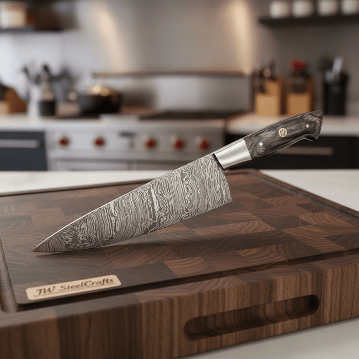 Full Tang Japanese Design Gyuto Knife – Handmade Damascus Chef Knife with Grey Wood Handle