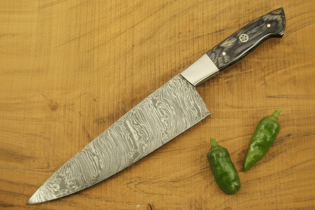 Full Tang Japanese Design Gyuto Knife – Handmade Damascus Chef Knife with Grey Wood Handle