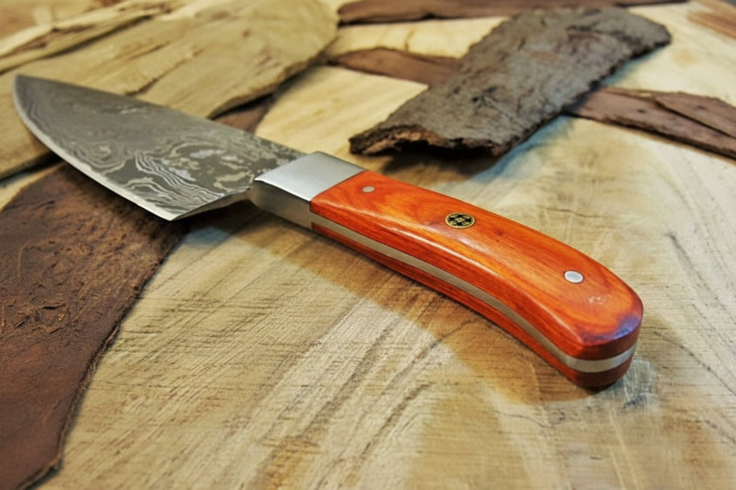 Damascus Gyuto Knife with Layered Steel Blade & Orange Wood Handle for Precision Slicing